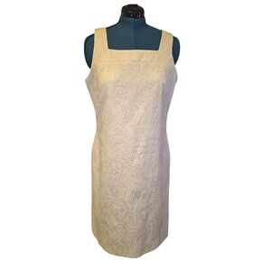 Women's Evan-Picone Jacquard Print Dress Size 14 Cream Shift Classic Old Money